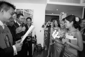 Bridesmaids and groomsmen having a fun moment