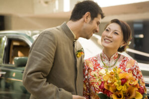 Groom whispering to bride